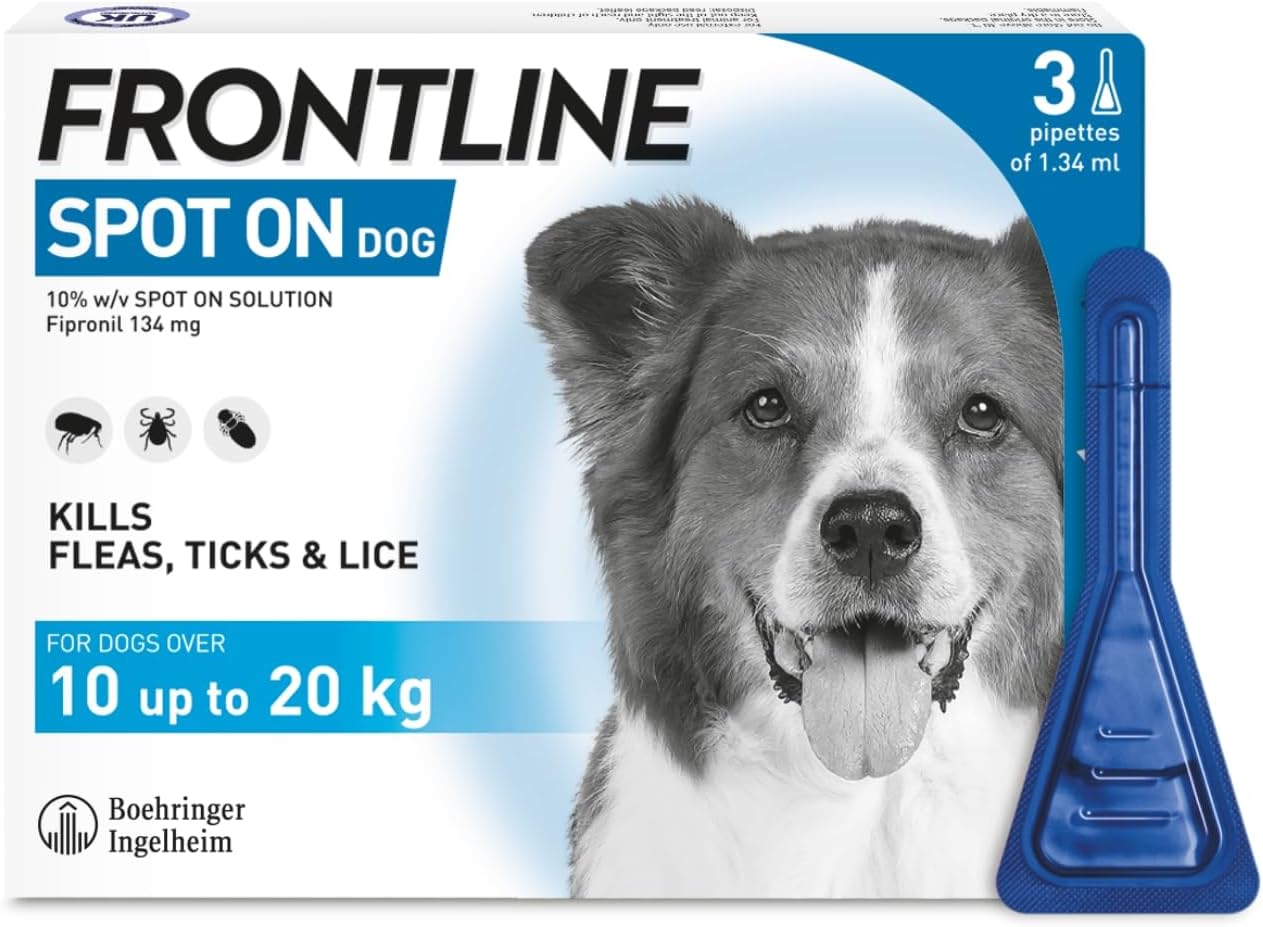 AGL FRONTLINE Spot On Flea & Tick Treatment for Medium Dogs (10-20kg) - 3 Pipettes | Effective Flea & Tick Control