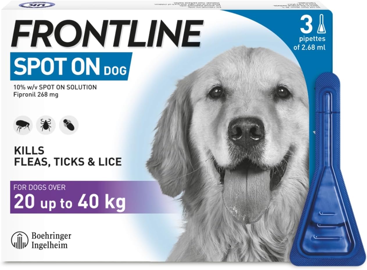 AGL FRONTLINE Spot On Flea & Tick Treatment for Large Dogs (20-40kg) - 3 Pipettes | Effective Flea, Tick & Parasite Control