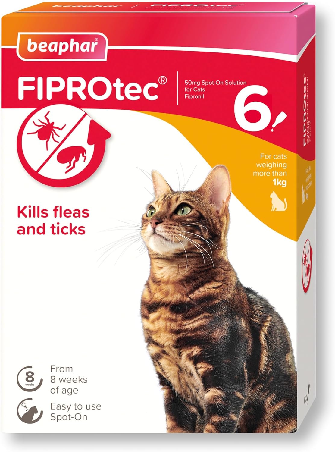 AGL Beaphar FIPROtec Spot-On for Cats – Flea & Tick Treatment, Vet Strength (6 Pipettes)