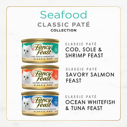 AGL Purina Fancy Feast Seafood Classic Pate Collection Grain-Free Wet Cat Food Variety Pack – 30 (3 oz) Cans | Premium Quality & Flavorful Options for Cats