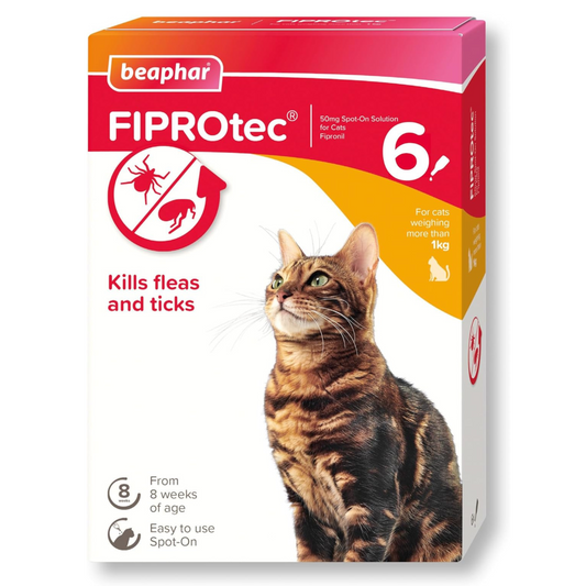 AGL Beaphar FIPROtec Spot-On for Cats – Flea & Tick Treatment, Vet Strength (6 Pipettes)