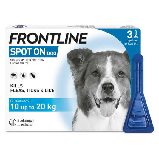 AGL FRONTLINE Spot On Flea & Tick Treatment for Medium Dogs (10-20kg) - 3 Pipettes | Effective Flea & Tick Control